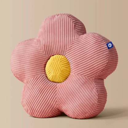 Weiches rosa Kissen Flower in Cord mit gelbem Kern, nachhaltige Babyprodukte