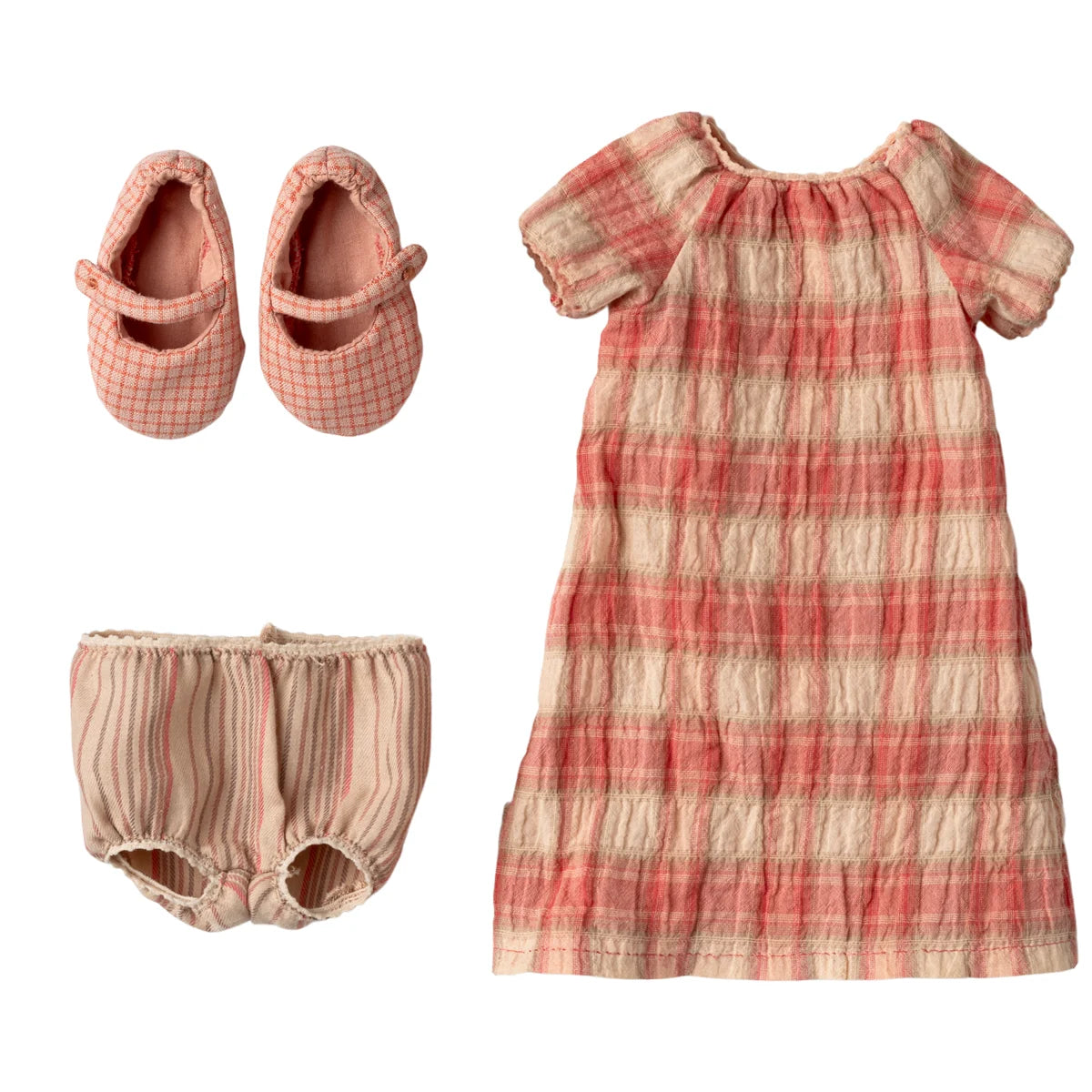 Kleid Grösse 3: zartes rosa-cremefarbenes Karo-Kleid mit Rüschenärmeln und Tiersaum