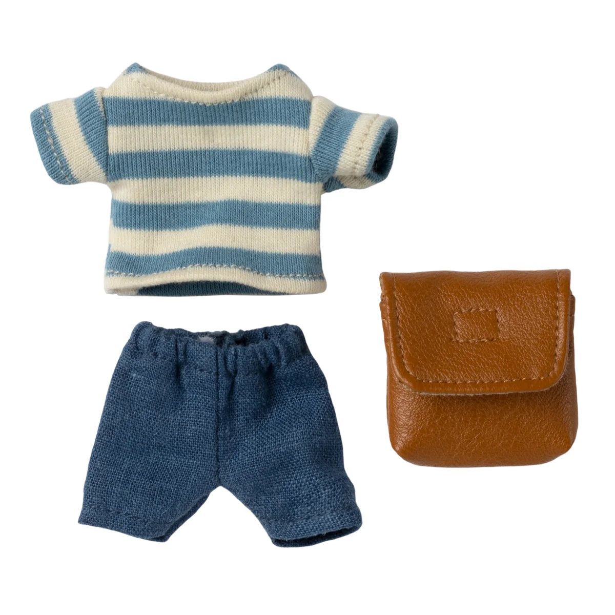 Blau-weiss gestreiftes kurzärmeliges Strickshirt: Kleidungsset mit Tasche für grossen Bruder Brown