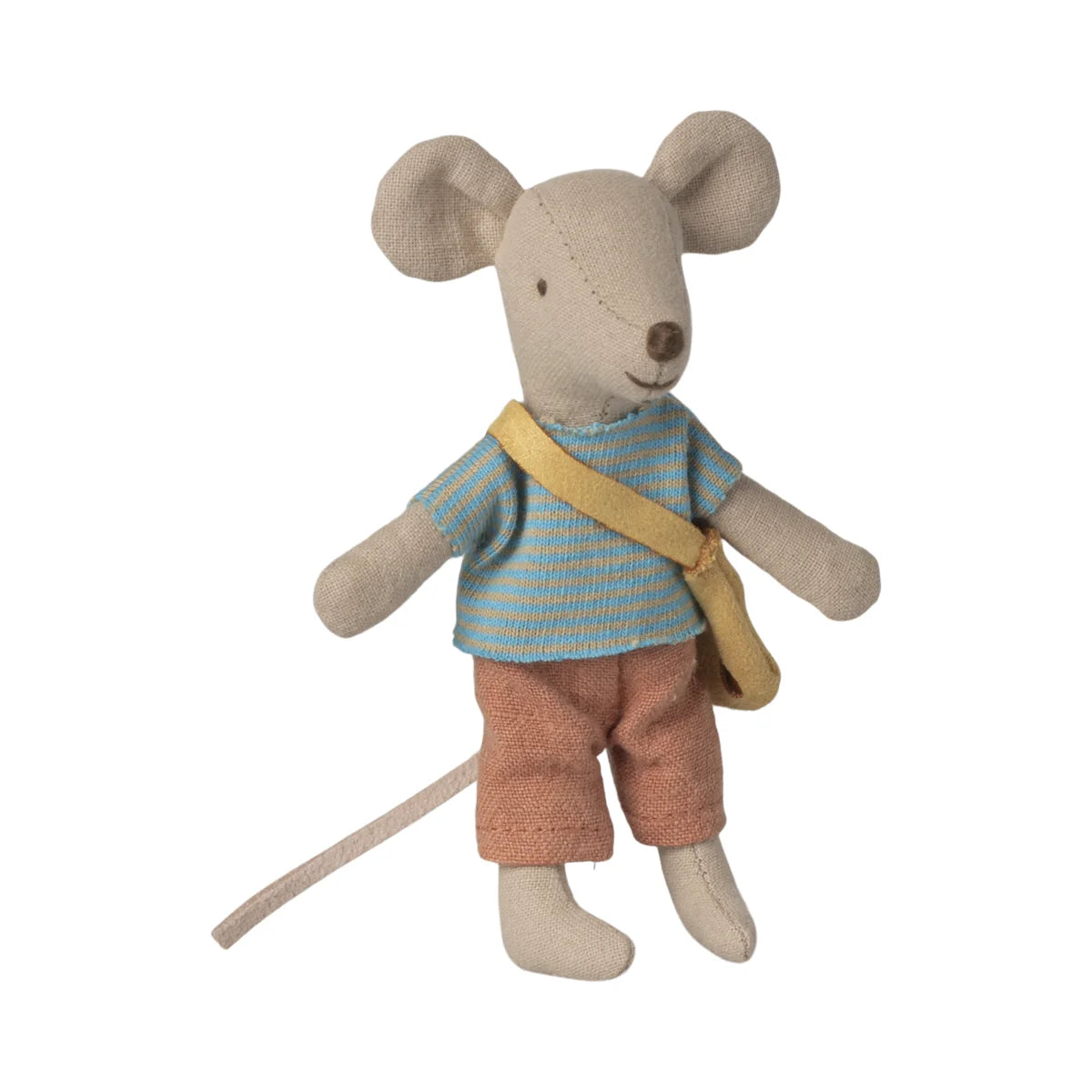Kleiner Bruder mit Tasche: weiche beige Stoffmaus mit blau-weiss gestreiftem Shirt und gelber Tasche