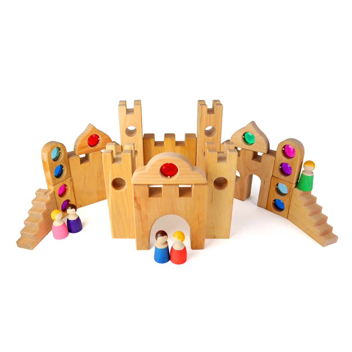 Holzspielzeug Burg mit bunten Akzenten für das Produkt Knight’s Castle 10 Stk