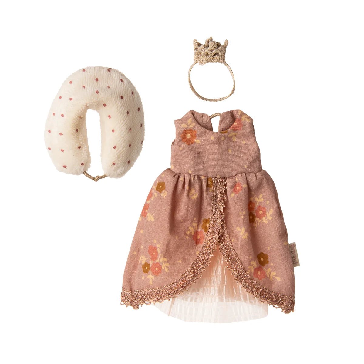 Zartes rosa Blumenkleid mit Spitze und passender Krone, Königin Kleid Mama Maus