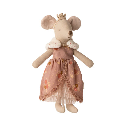 Weiche beige Plüschmaus in rosa Blumenkleid mit Spitze und Krone – Königin Kleid Mama Maus