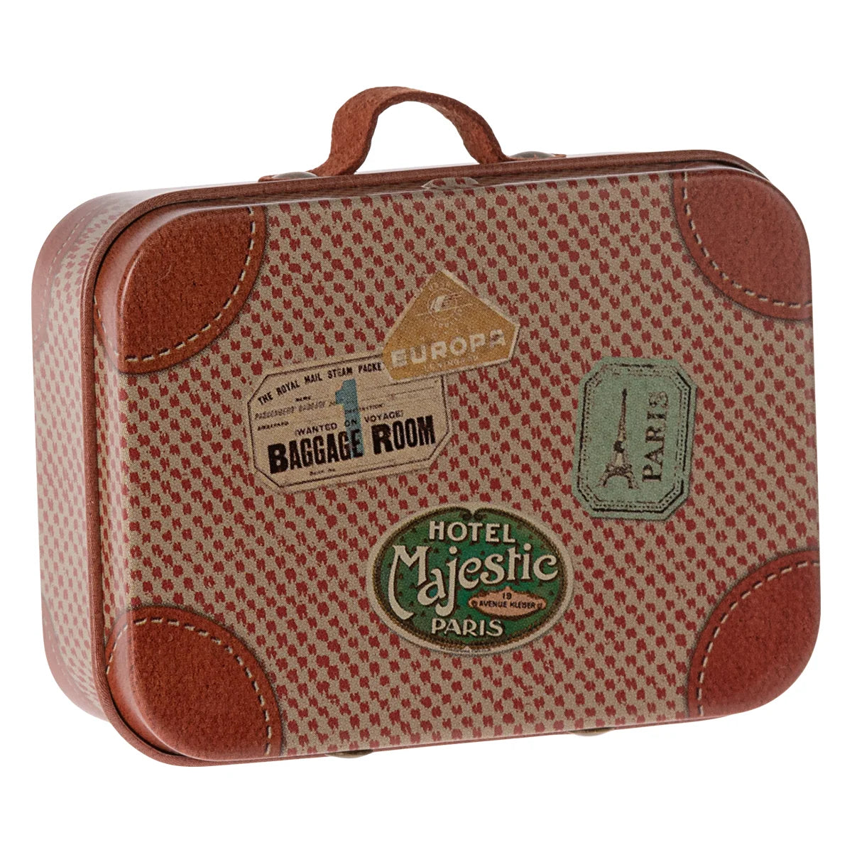 Vintage Reisekoffer mit kariertem Muster und dekorativen Hoteletiketten in Rose