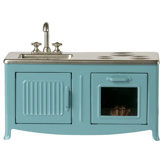 Miniatur Küche Maus Blau mit silbernem Wasserhahn, Ofenfenster und Spielhuhn