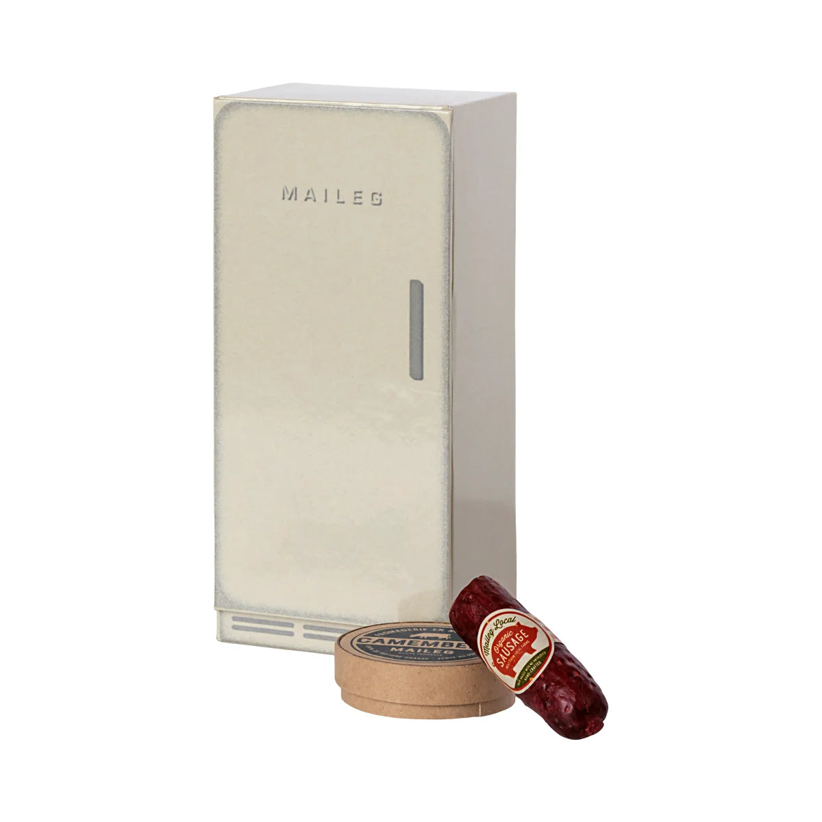 Retro Kühlschrank Maus mit Käse und Wurst im Innenraum abgebildet