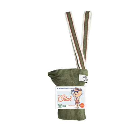 Olivegrüne Babystrumpfhose mit Trägern im gestreiften Design