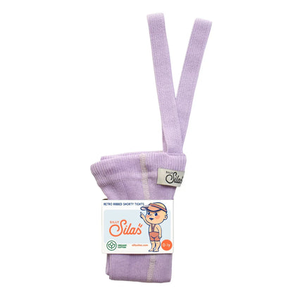 Kurze lilafarbene Retro-Rippstrumpfhose mit Trägern aus Bio-Baumwolle von Silly Silas