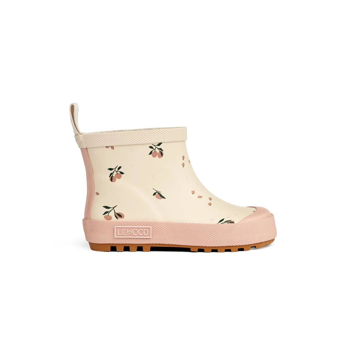 Cremfarbene Regenstiefel mit pinkem Rand und zartem Blumenmuster von Peach Sea Shell