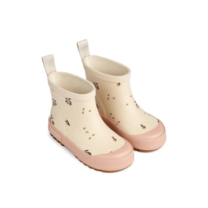 Helle Regenstiefel mit Blumenmuster und rosa Gummisohlen von Peach Sea shell