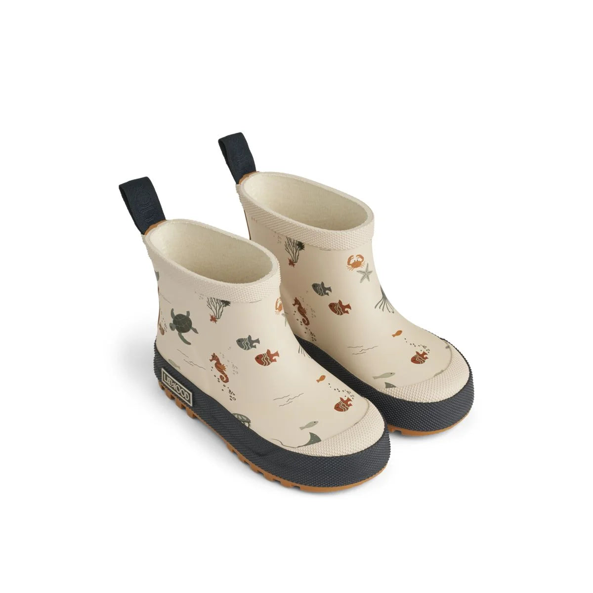 Helle Regenstiefel mit Tiermotiven und schwarzen Gummisohlen von Sea creature Sandy