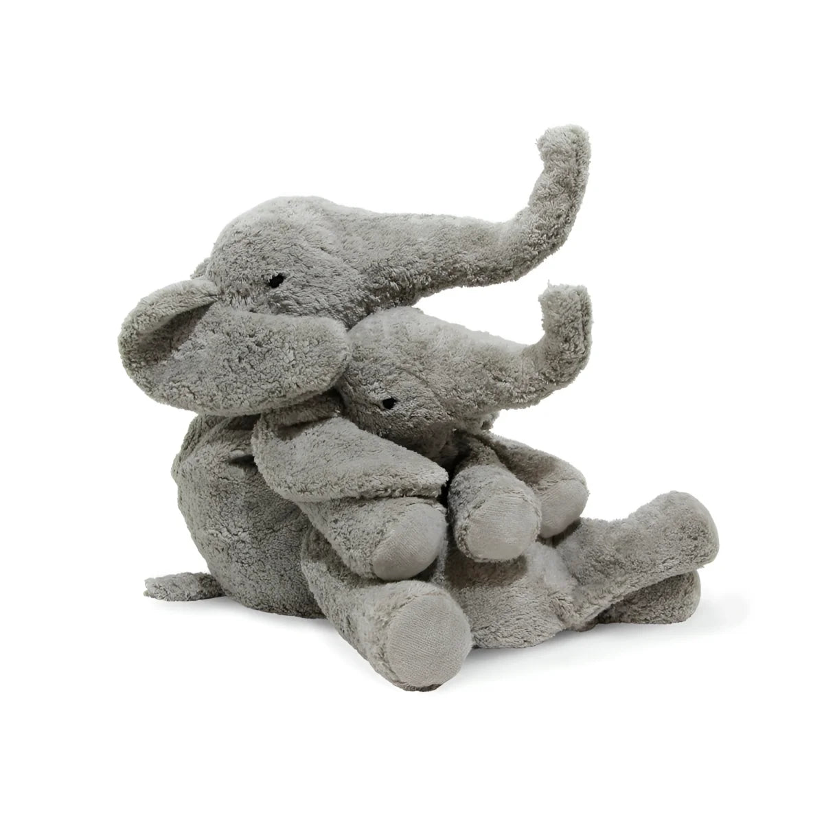 Graues Plüschtier-Elefant mit gebogenem Rüssel und schlaffen Ohren