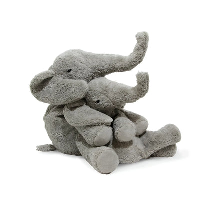 Graues Plüschtier-Elefant mit gebogenem Rüssel und schlaffen Ohren