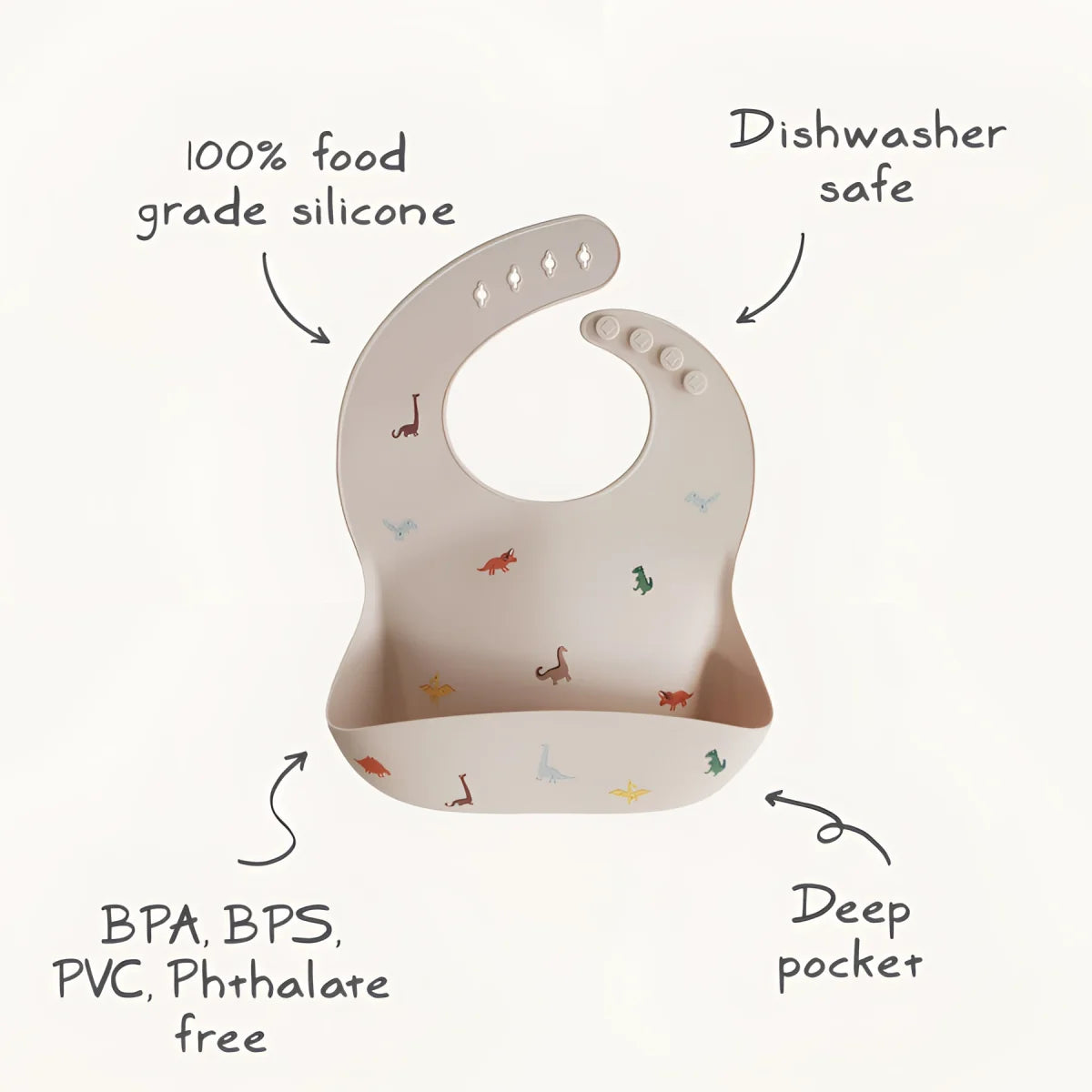 Silicone-Lätzchen mit bunten Tiermotiven und beschrifteten Merkmalen in Cherries-Design