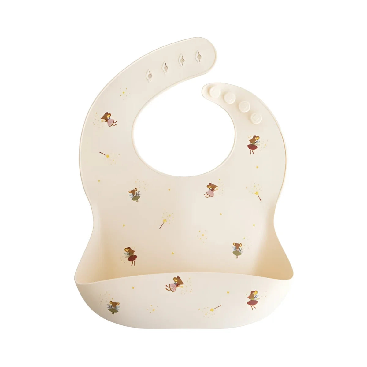 Cremefarbenes Silikonlätzchen Fairy Mice mit verspieltem Muster aus winzigen Feenillustrationen und goldenen Glitzerdetails