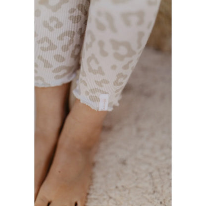 Creme Leopard-Leggings Leo mit Schleife, ribbelig, ausgefranst, verdecktem Kordelzug