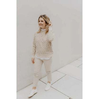 Leo-Sweatshirt für Frauen: Beige Leopard-Pulli mit hohem Kragen