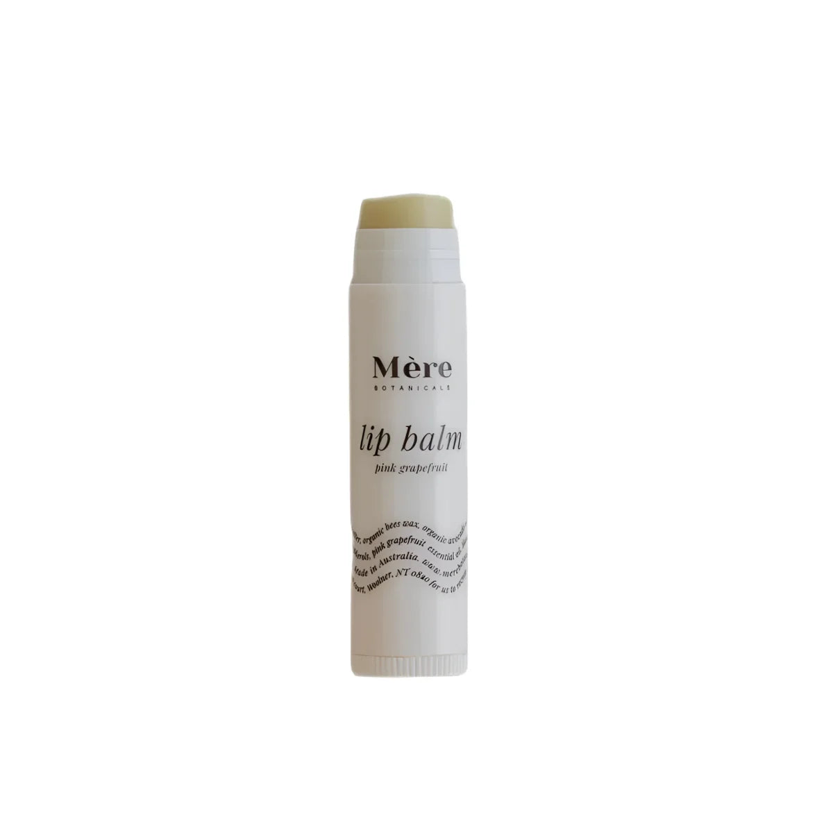 Lip Balm Pink Grapefruit mit Mère-Logo und wellenförmigem Textdesign