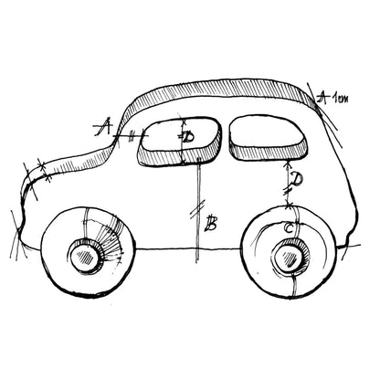 Schwarz weiß linienzeichnung eines vintage little french car designs mit beschrifteten abmessungen nachhaltig geschenk