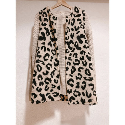 Cremefarbener Leoparden-Long-Cardigan Leo Teddy mit Rippstrickärmeln