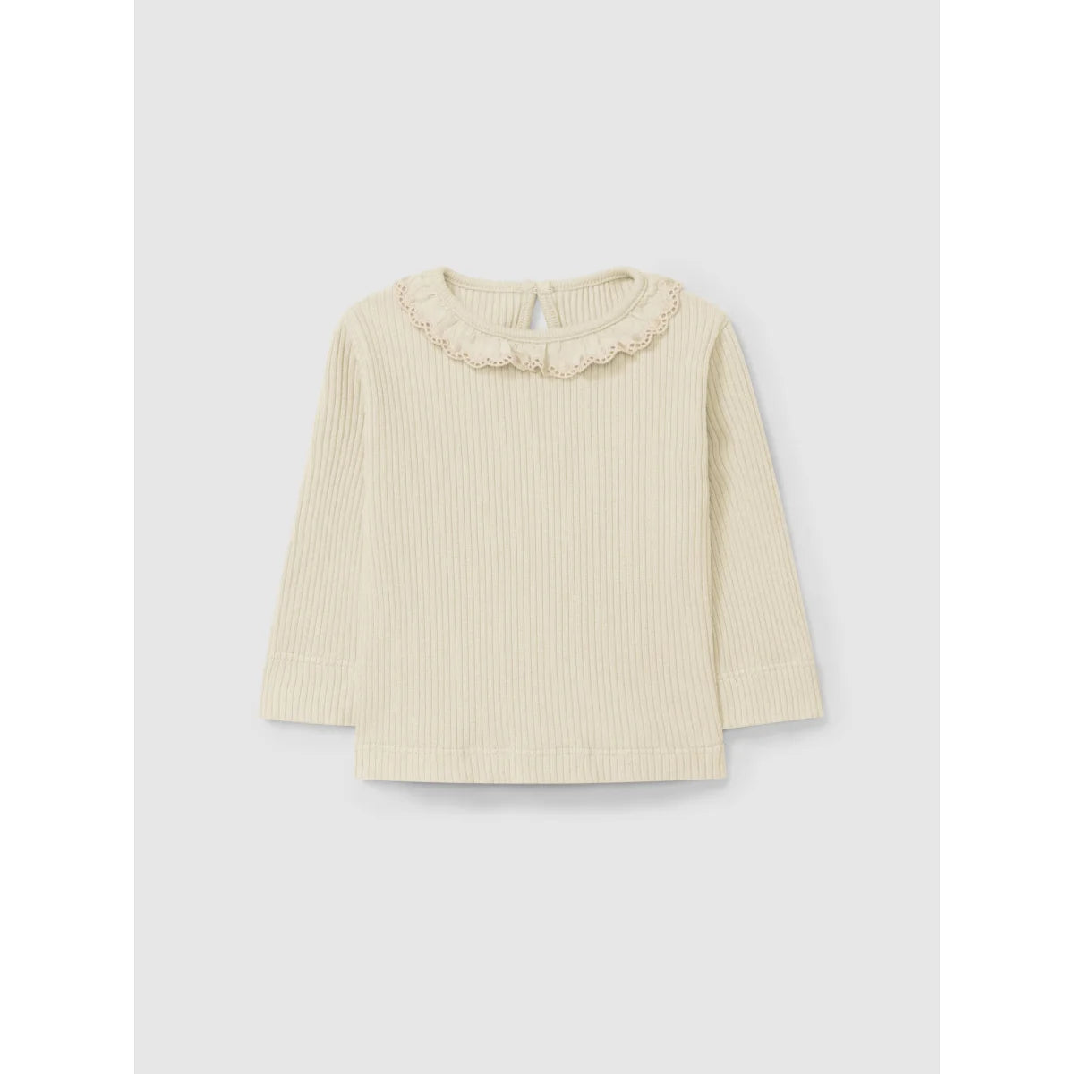 Off-White Rippenlangarmtop mit dekorativem gesäumtem Kragen in Nude oder Sand
