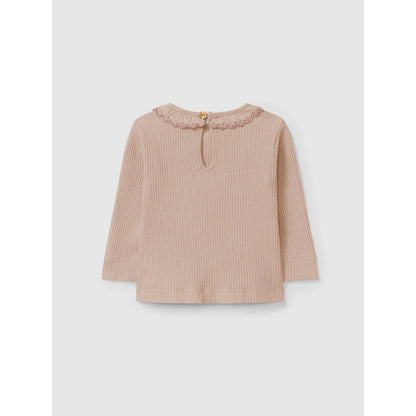 Lichtbraunes, geripptes Langarmshirt mit Rüschenk collar und Knopfverschluss hinten