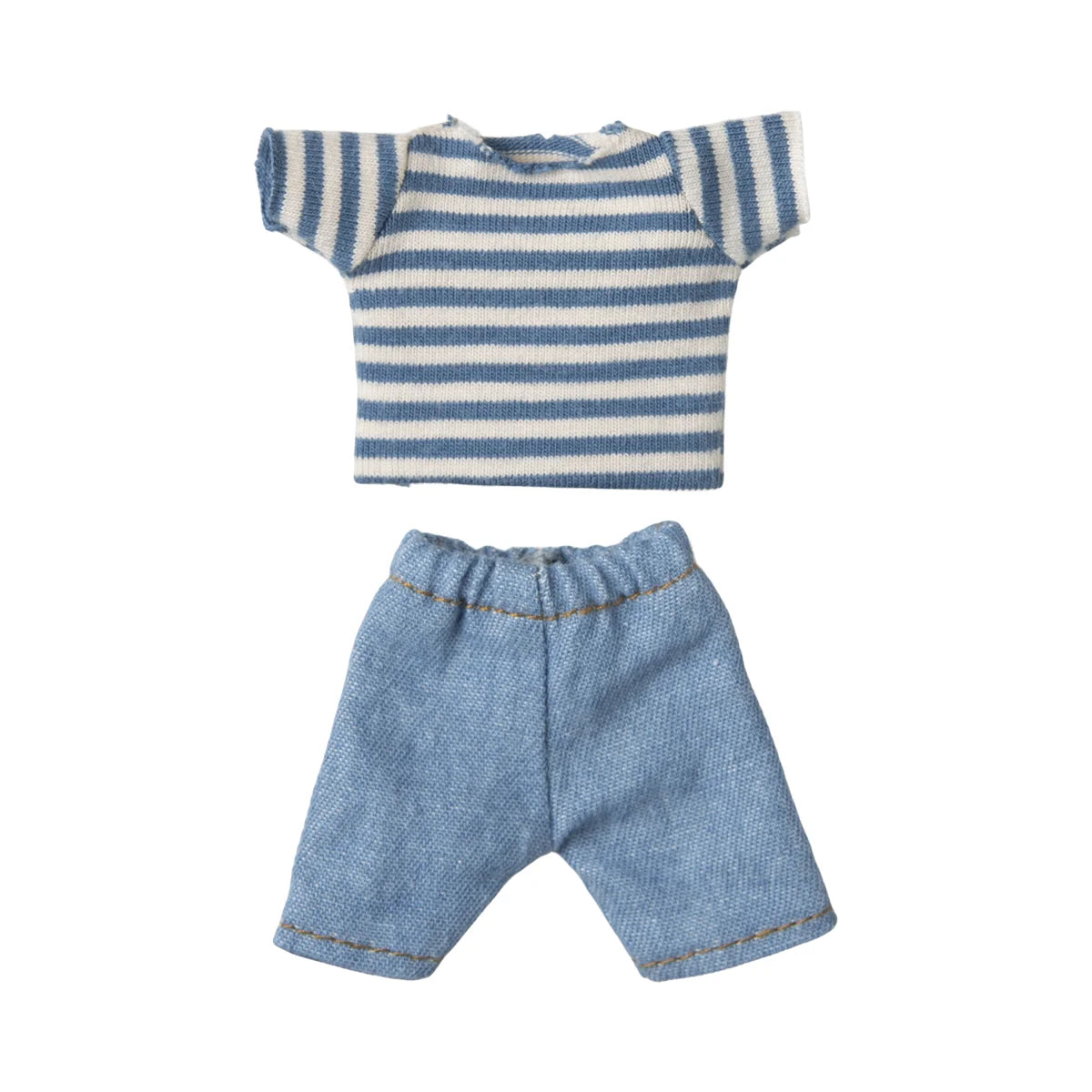 Blau-weiß gestreiftes kurzärmliges Stricktop mit hellblauen Denim-Shorts von LouiMax Maus Grosser Bruder