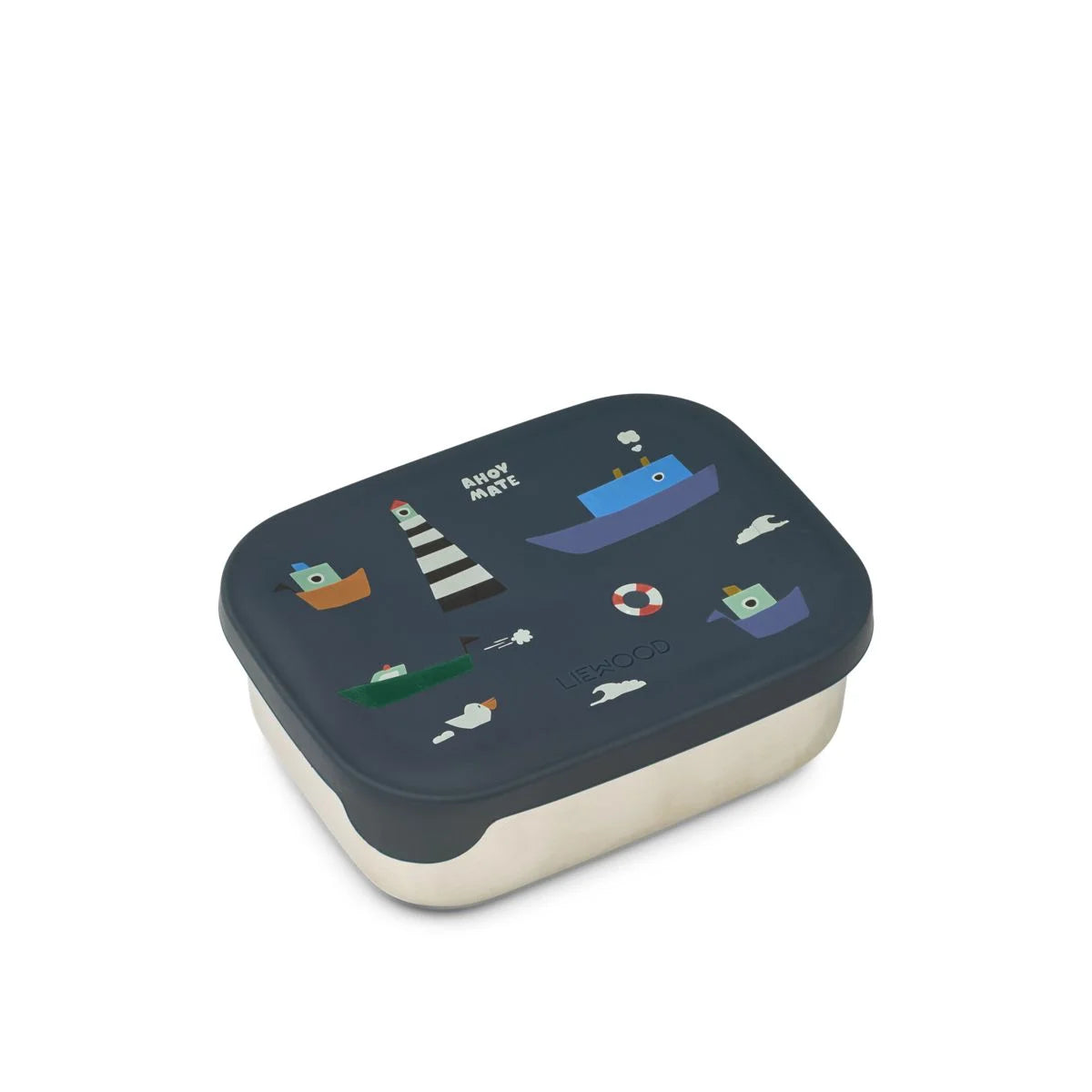 Navyblaues Deckel mit bunten nautischen Motiven auf Edelstahl-Lunchbox Arthur Sailing Classic