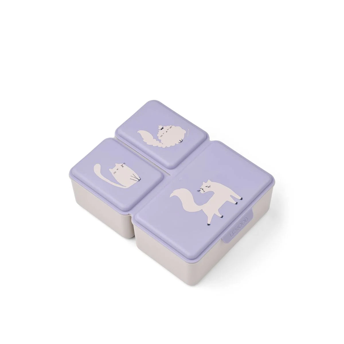 Lavendelfarbene dreiteilige Lunchbox Driss Cat Warm Lilac mit minimalistischen weissen Tiermotiven auf jedem Deckel