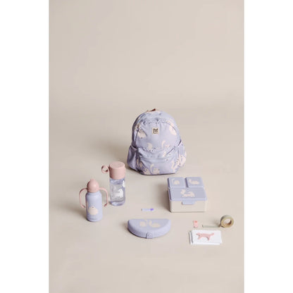 Pastell lavendelfarbener lunchbox driss rucksack aus weichem stoff mit dezenten weißen tiermotiven in warmem lila