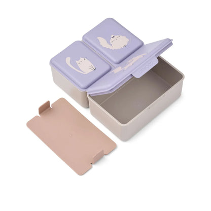 Lavendel und beige zweikompartimentige lunchbox driss mit katzenillustrationen auf den deckeln in warmem flieder