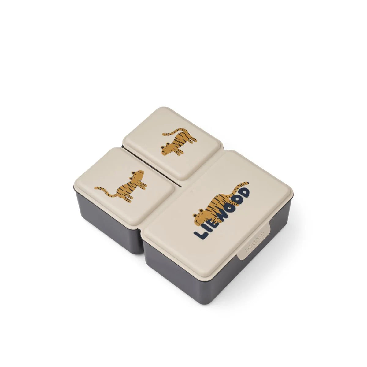 Cremefarbene und dunkelgraue segmentierte Lunchbox Driss Tiger Sandy mit Tigerillustrationen auf jedem Deckel