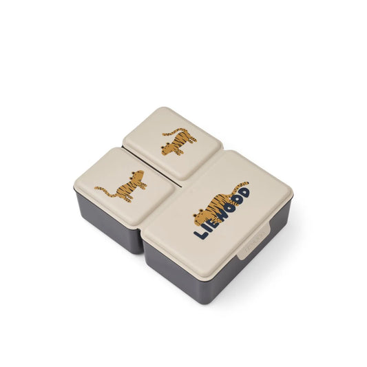 Cremefarbene und dunkelgraue segmentierte Lunchbox Driss Tiger Sandy mit Tigerillustrationen auf jedem Deckel