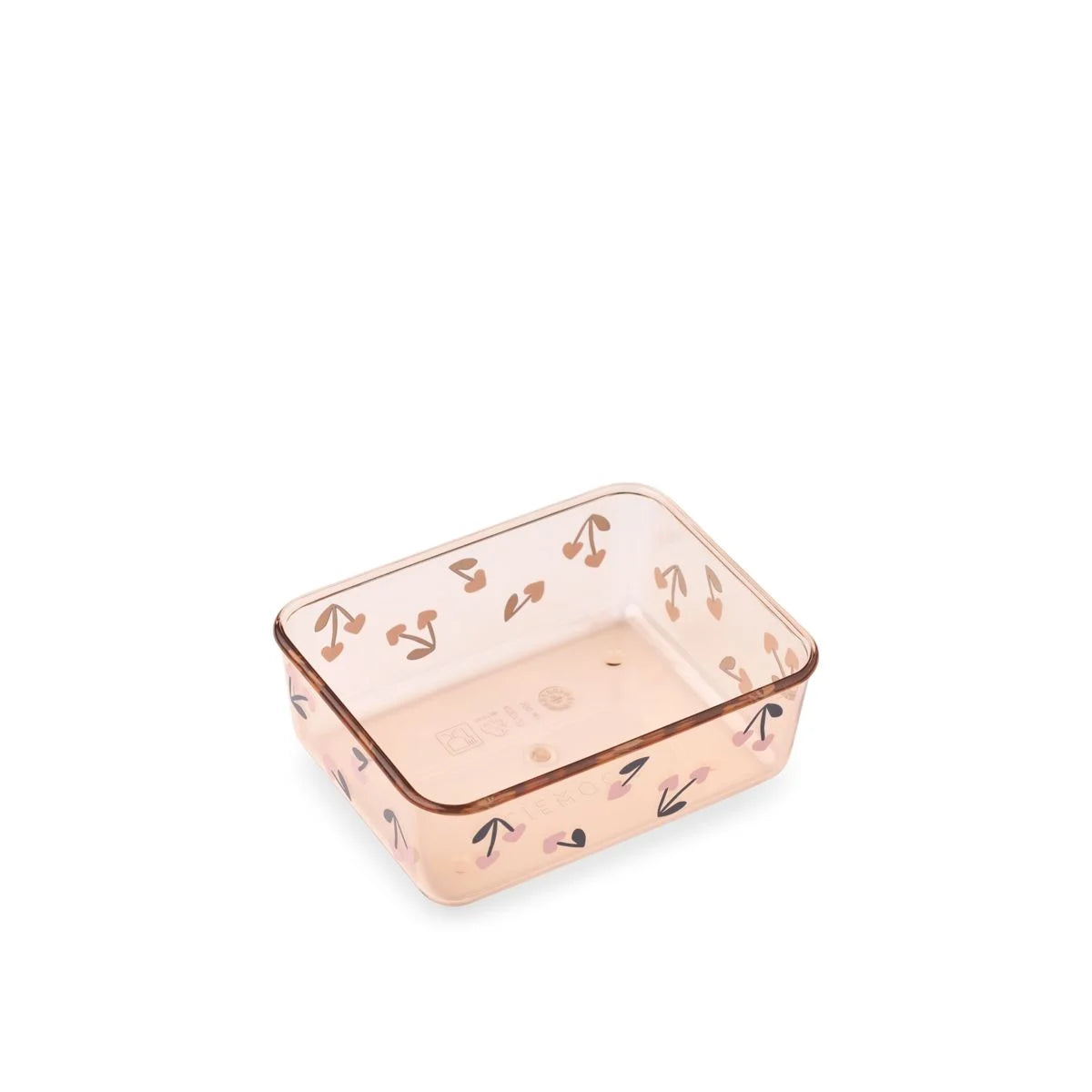 Eine durchscheinende tritan-lunchbox in rose gold mit einem charmanten kirschmuster und abgerundeten kanten