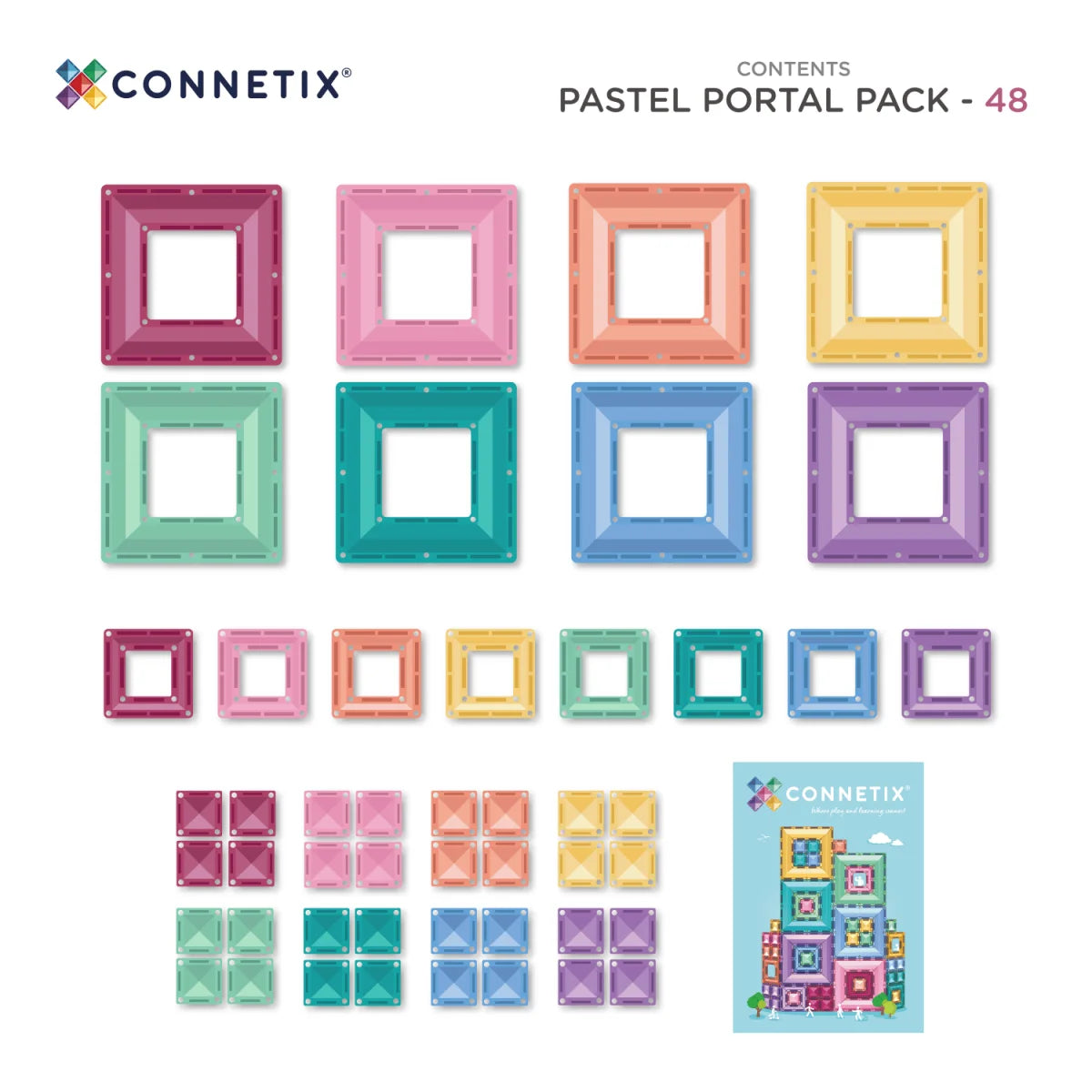Pastellfarbene magnetbausteine in quadratischer form in rosa, lila, blau, grün und gelb aus 48 teiligem portal pack