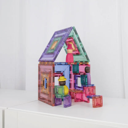 Buntes transparentes magnetbausteine set pastel portal pack 48 stk mit hausstruktur und miniaturfiguren