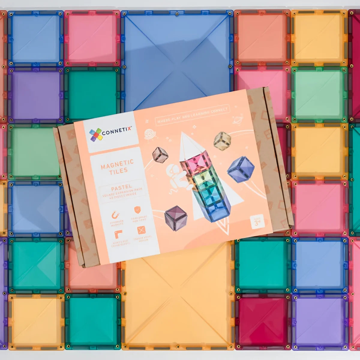 Magnetbausteine pastel square pack 40 stk mit pastellfarbenen, durchsichtigen magnetischen plastikfliesen in bunter