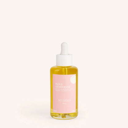 Klare Glasflasche mit weissem Tropfverschluss, gefüllt mit goldgelbem Öl: Minois Paris Mama Oil 100 ml