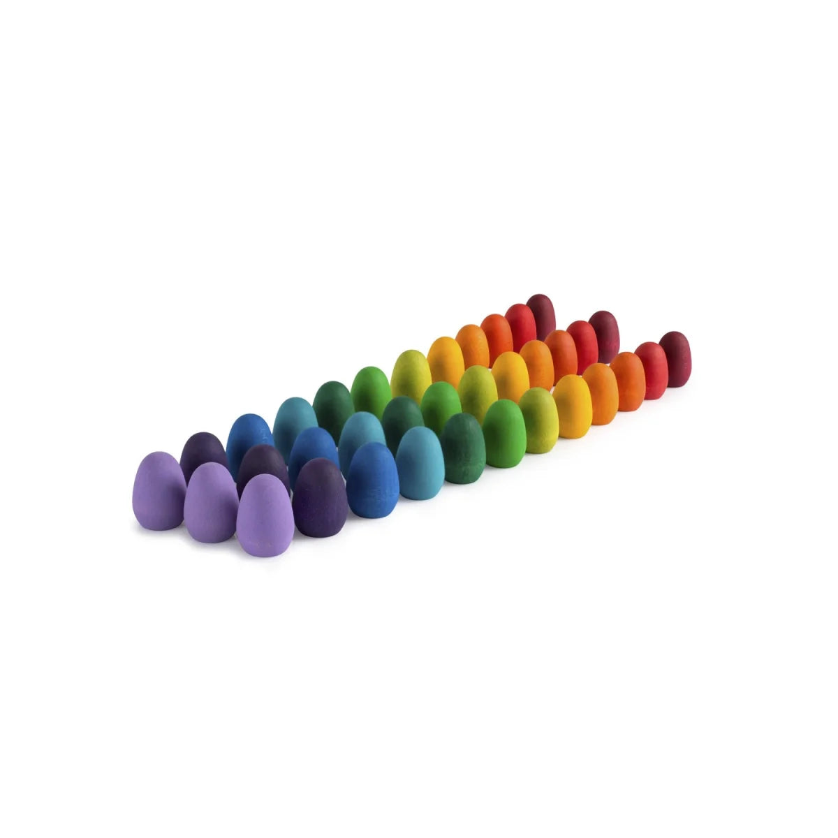 Regenbogenfarbene Holzeier in diagonaler Linie, Mandala-Produkt