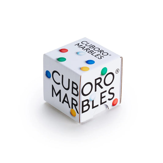 Weiße Kartonbox mit Cuboro Kugeln, 15 hochwertige Glas-Marbles in Farben