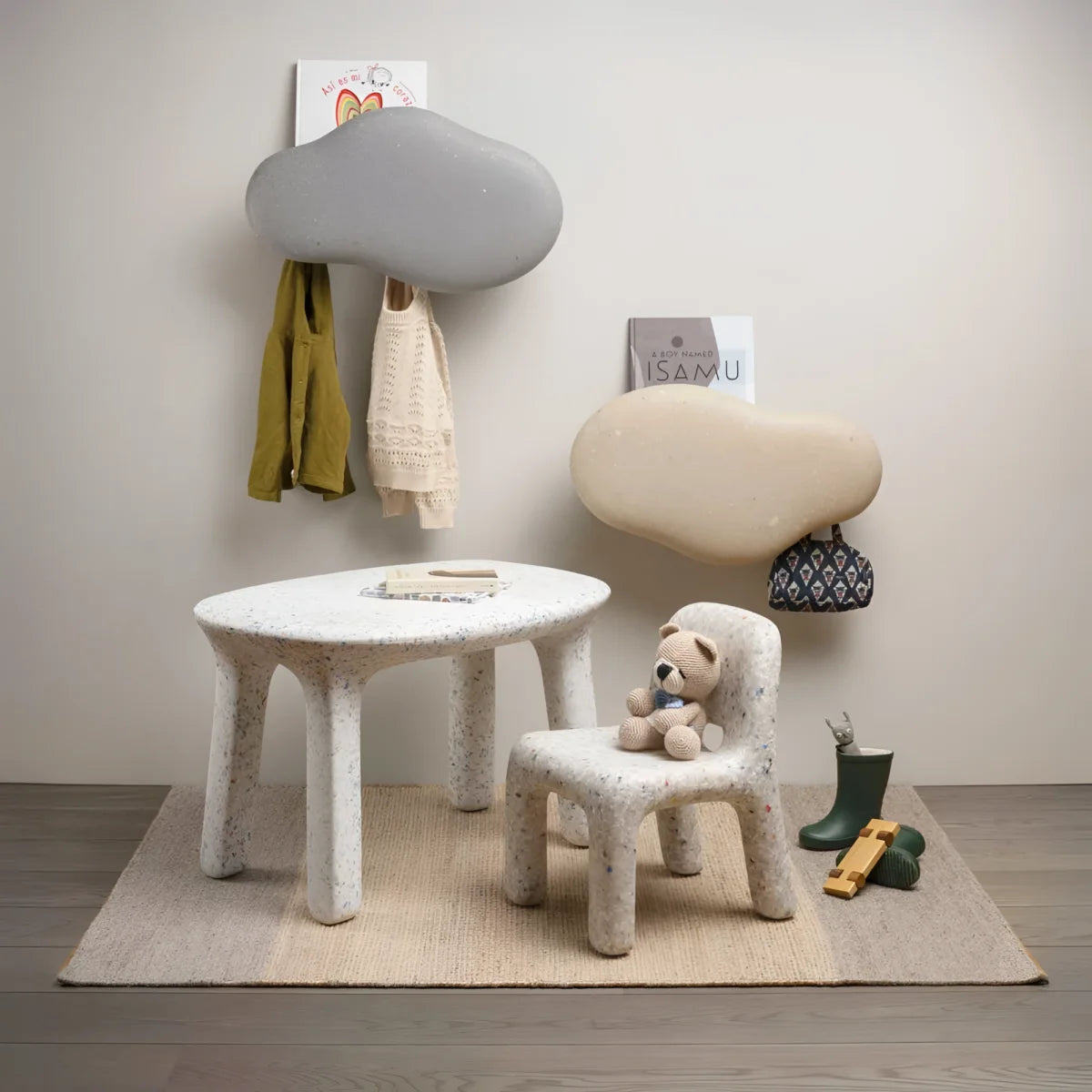 Weiß gesprenkeltes kinder tisch und stuhl set passend zum marine garderobenständer faded-white aus holz