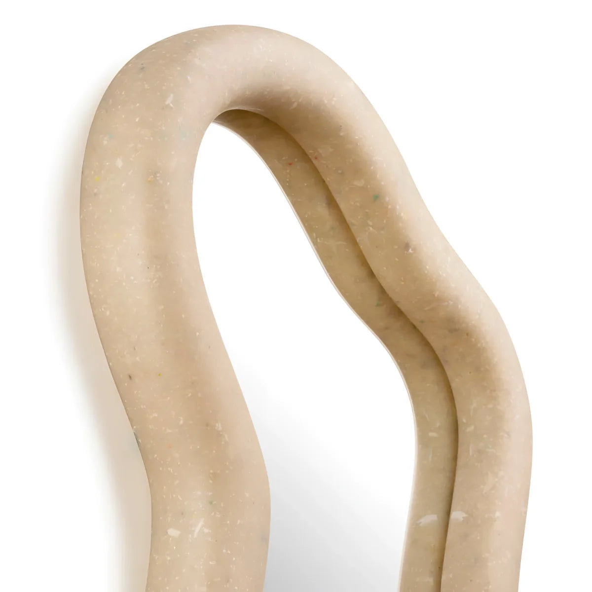 Marine mirror with beige sculpted frame featuring smooth organic curves and subtle speckled faded-white texture