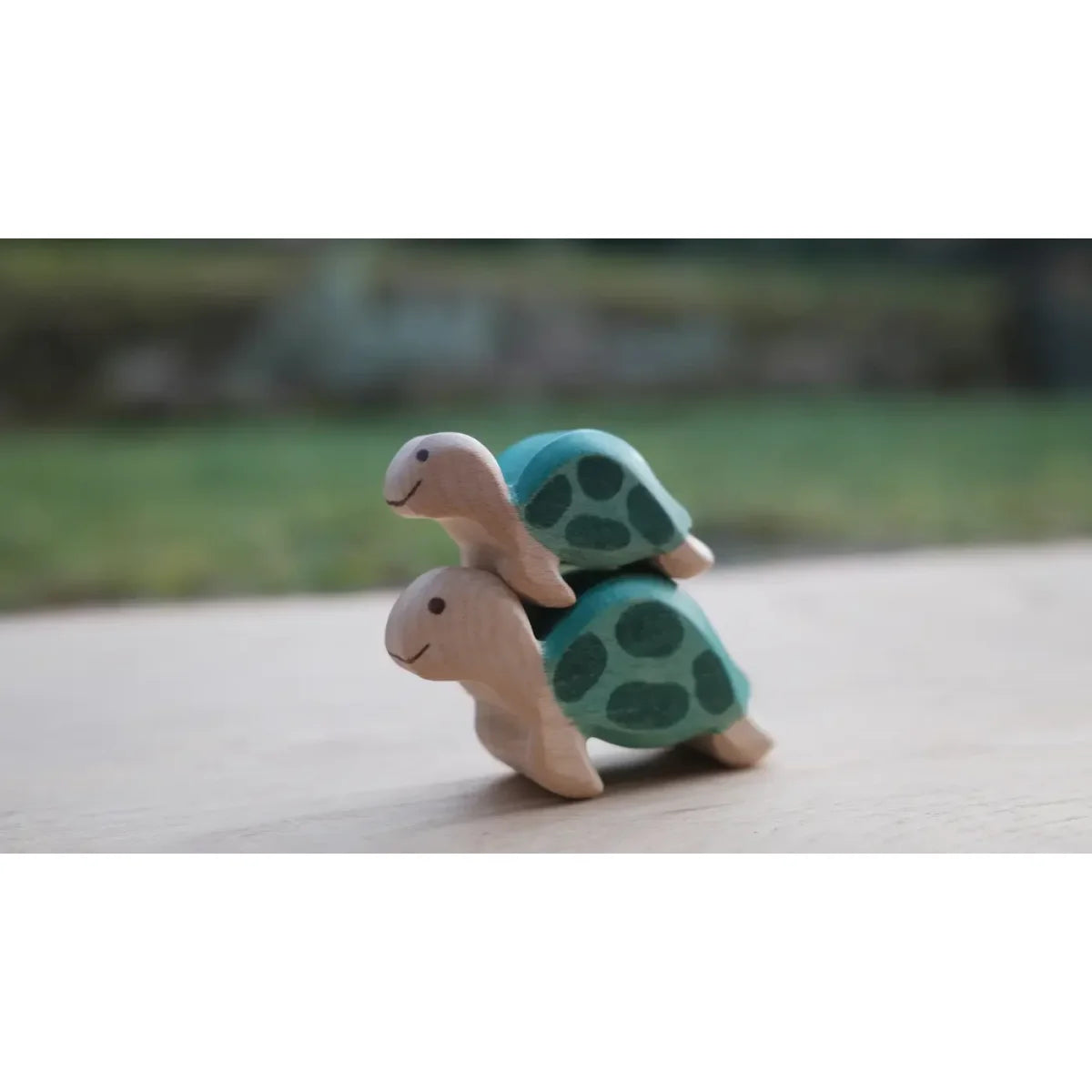 Zwei Holzschildkröten: teal Schale und beige Körper, Meeresschildkröte