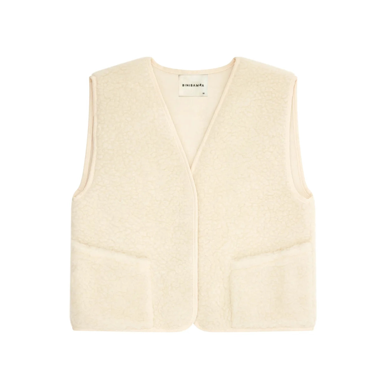 Cremefarbenes Merino Mama Gilet aus weicher Wolle mit V-Ausschnitt und zwei Fronttaschen