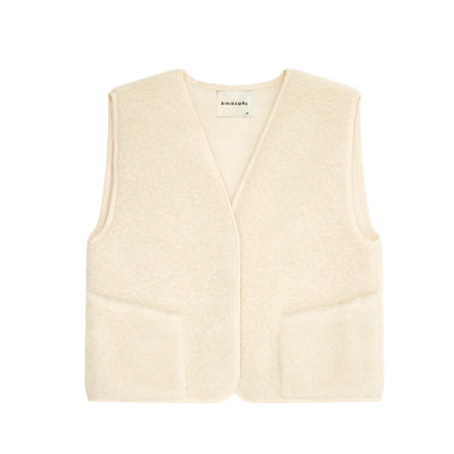 Cremefarbenes Merino Mama Gilet aus weicher Wolle mit V-Ausschnitt und zwei Fronttaschen