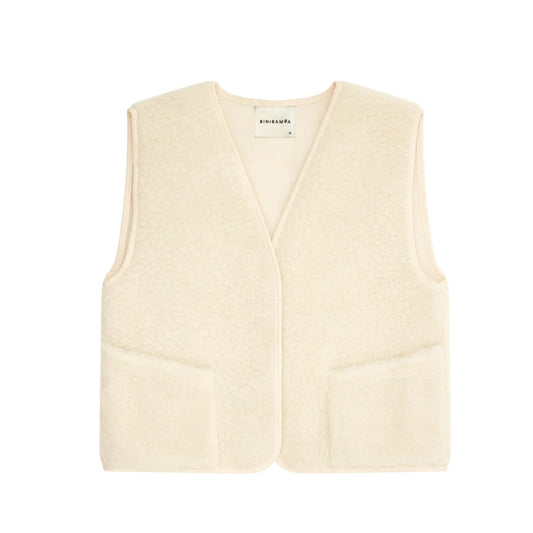 Cremefarbenes Merino Mama Gilet aus weicher Wolle mit V-Ausschnitt und zwei Fronttaschen