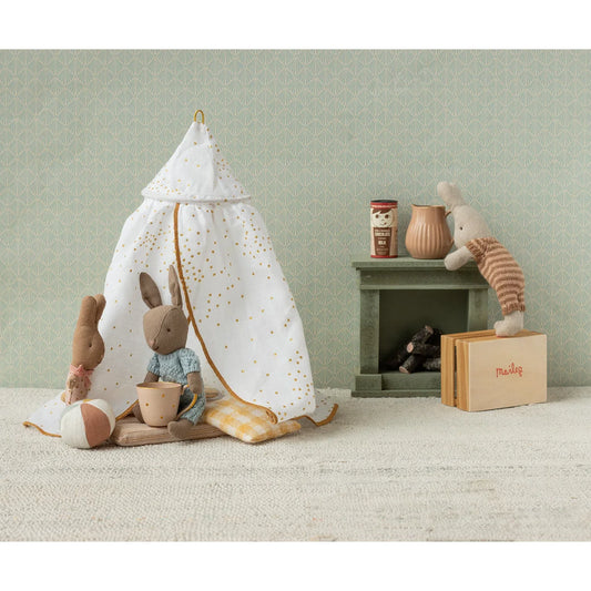 Miniatur betthimmel off weiss aus weißem stoff mit goldenen punkten und klettverschluss ideal für ökologische
