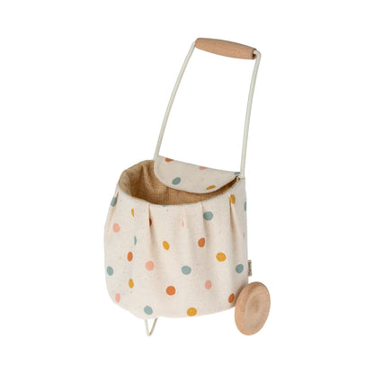Rollender Einkaufstrolley mit buntem Punktemuster und Holzgriff, Miniatur-Trolley