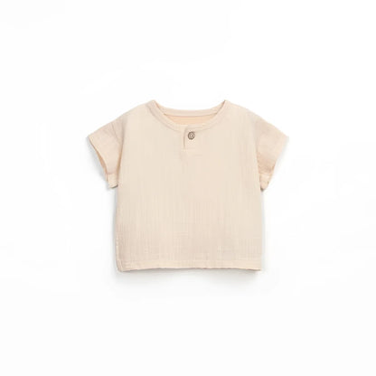 Beige Kurzarm-T-Shirt mit einem Knopf am Hals für Mixed T-Shirt | Crochet