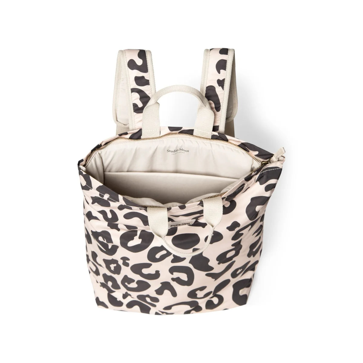 Leopardenmuster Rucksack mit offenem Oberteil und heller Innenseite von Holy Cow